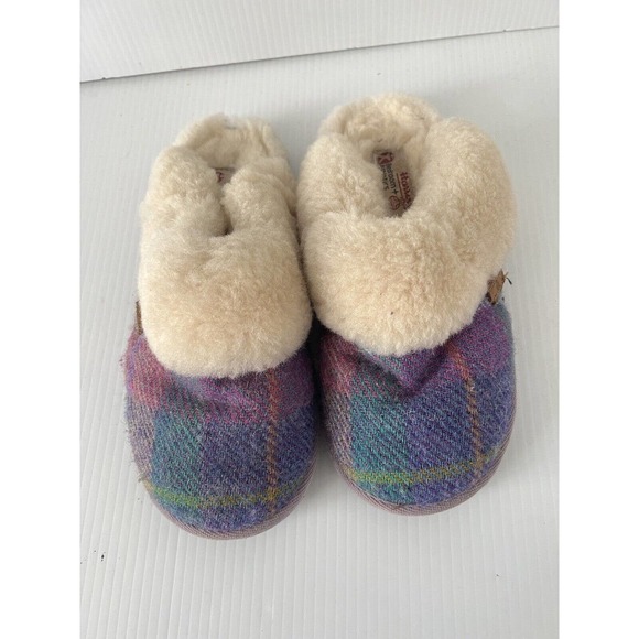 BEDROOM ATHLETICS Harris Tweed Pink/Purple Plaid Wool Shearling Slippers 5-6 US - Picture 3 of 5
